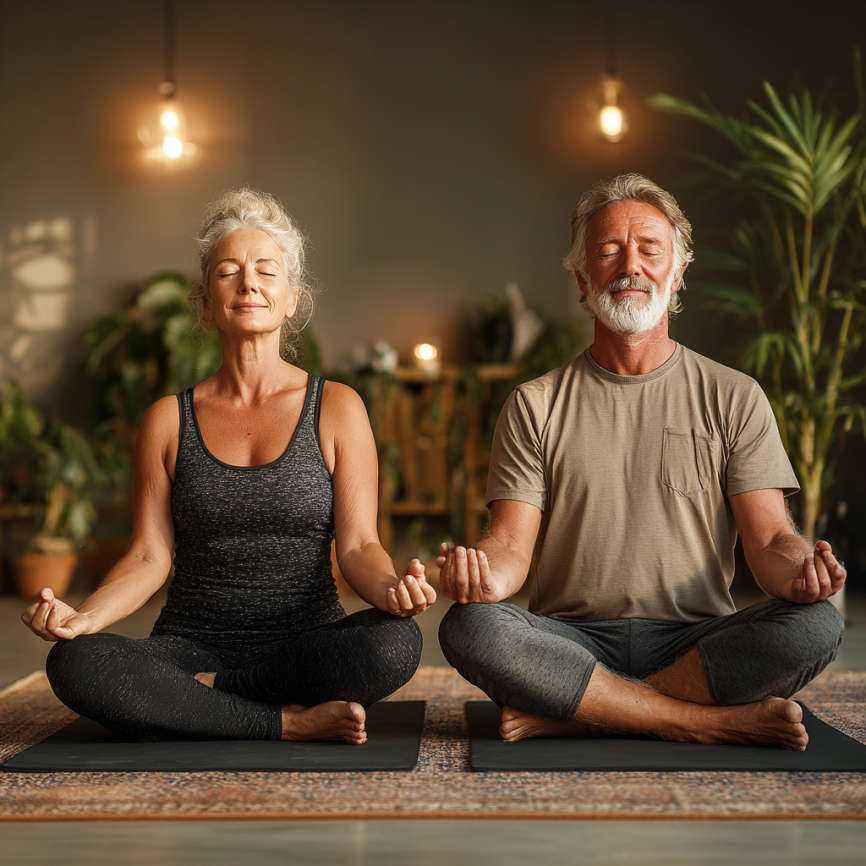 Група людей різного віку займається йогою